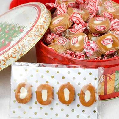 Caramel Candy For The Holidays! Christmas gift tin filled with Vanilla Caramel Creams.