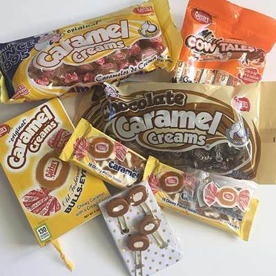 Goetze's Candy Vanilla Caramel Creams, Chocolate Caramel Creams, Vanilla Mini Cow Tales